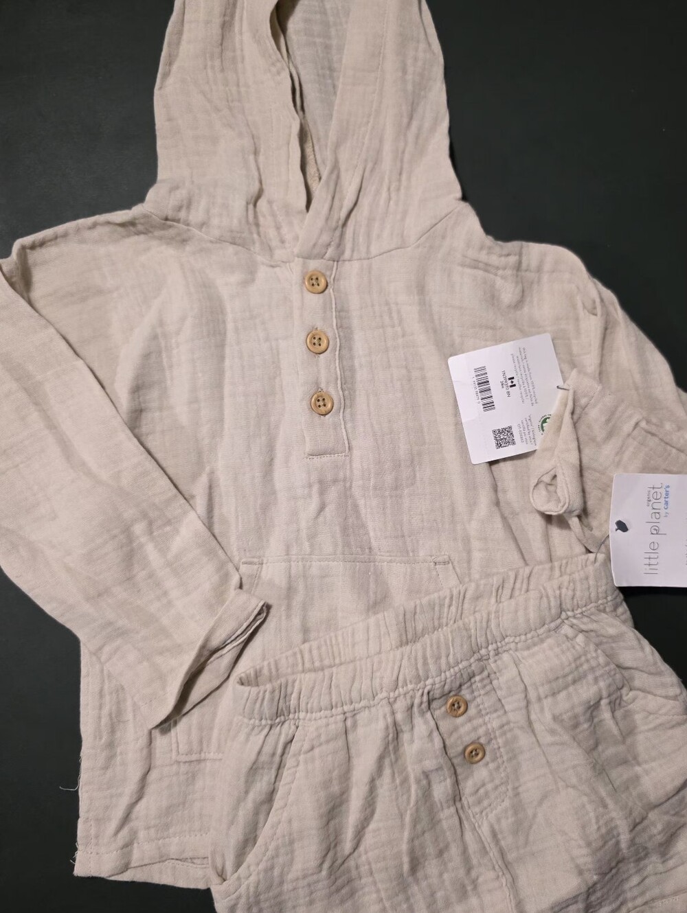 Little Planet Beige Hooded Kids Top with Button Placket